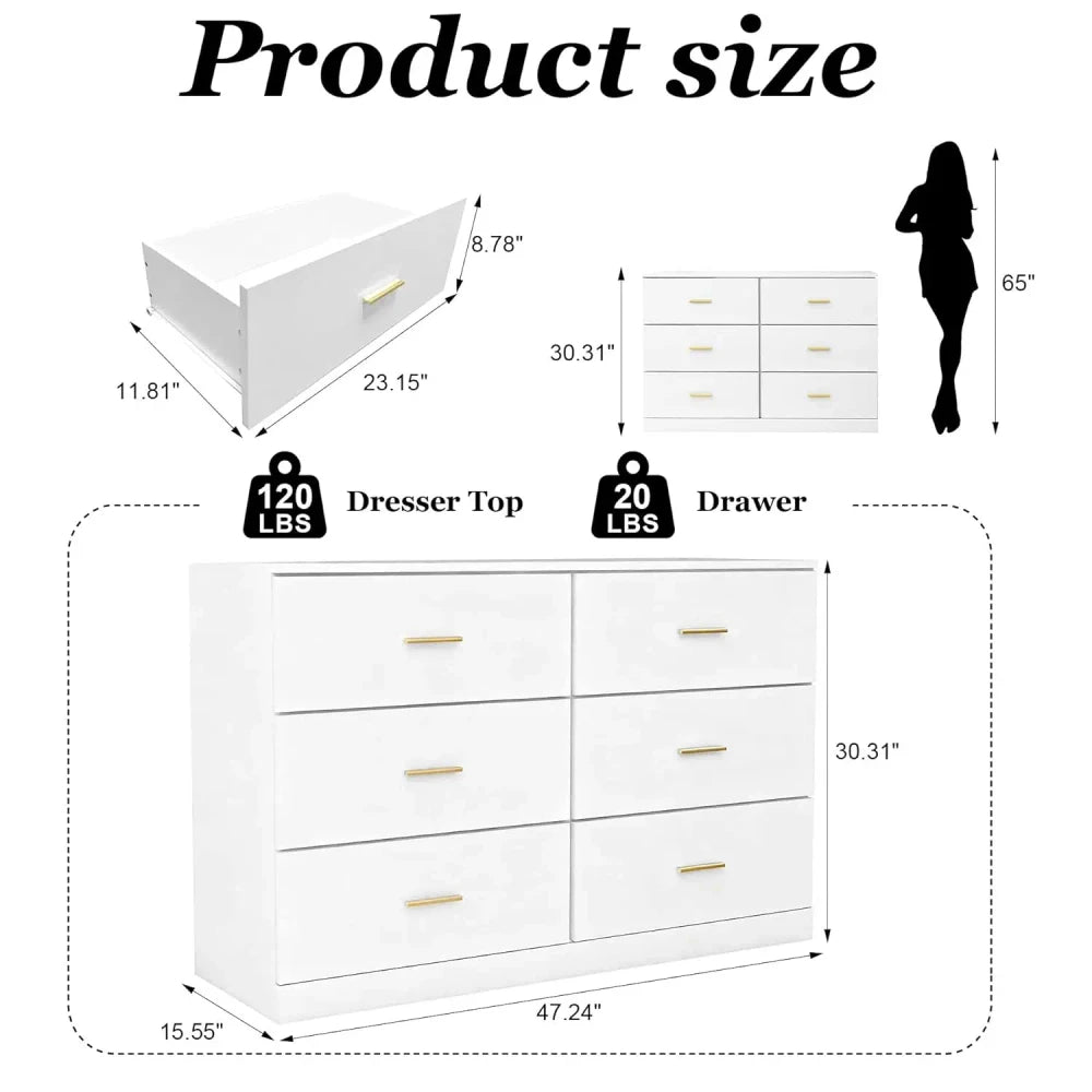 Modern White 6-Drawer Dresser
